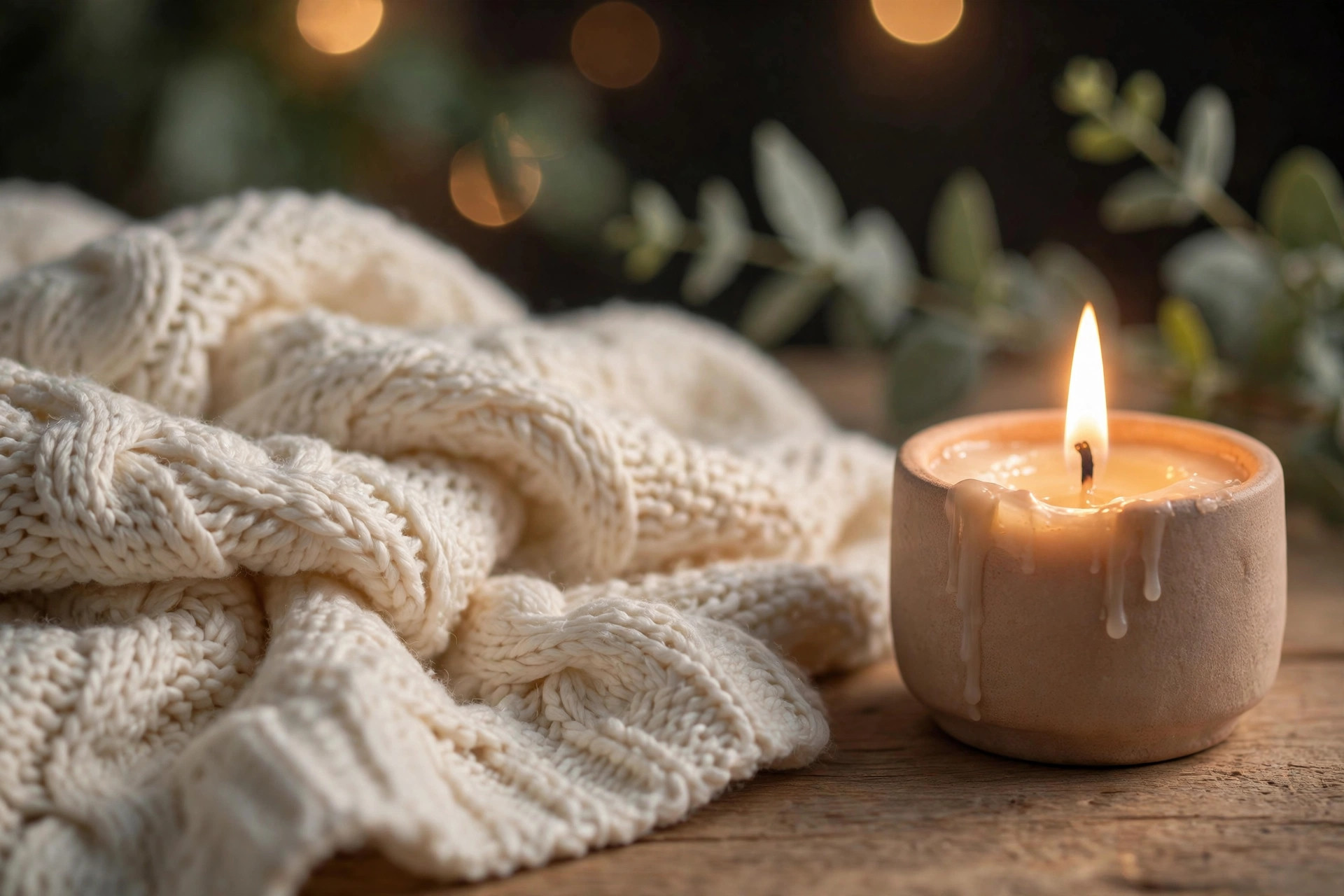 A lit candle in a ceramic holder glowing beside a soft cream knitted blanket, with eucalyptus leaves and warm blurred lights behind