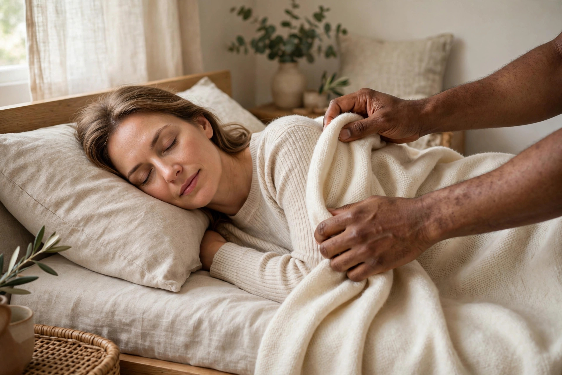 The practitioner's hands gently tucking a soft cream blanket around a resting woman on a daybed