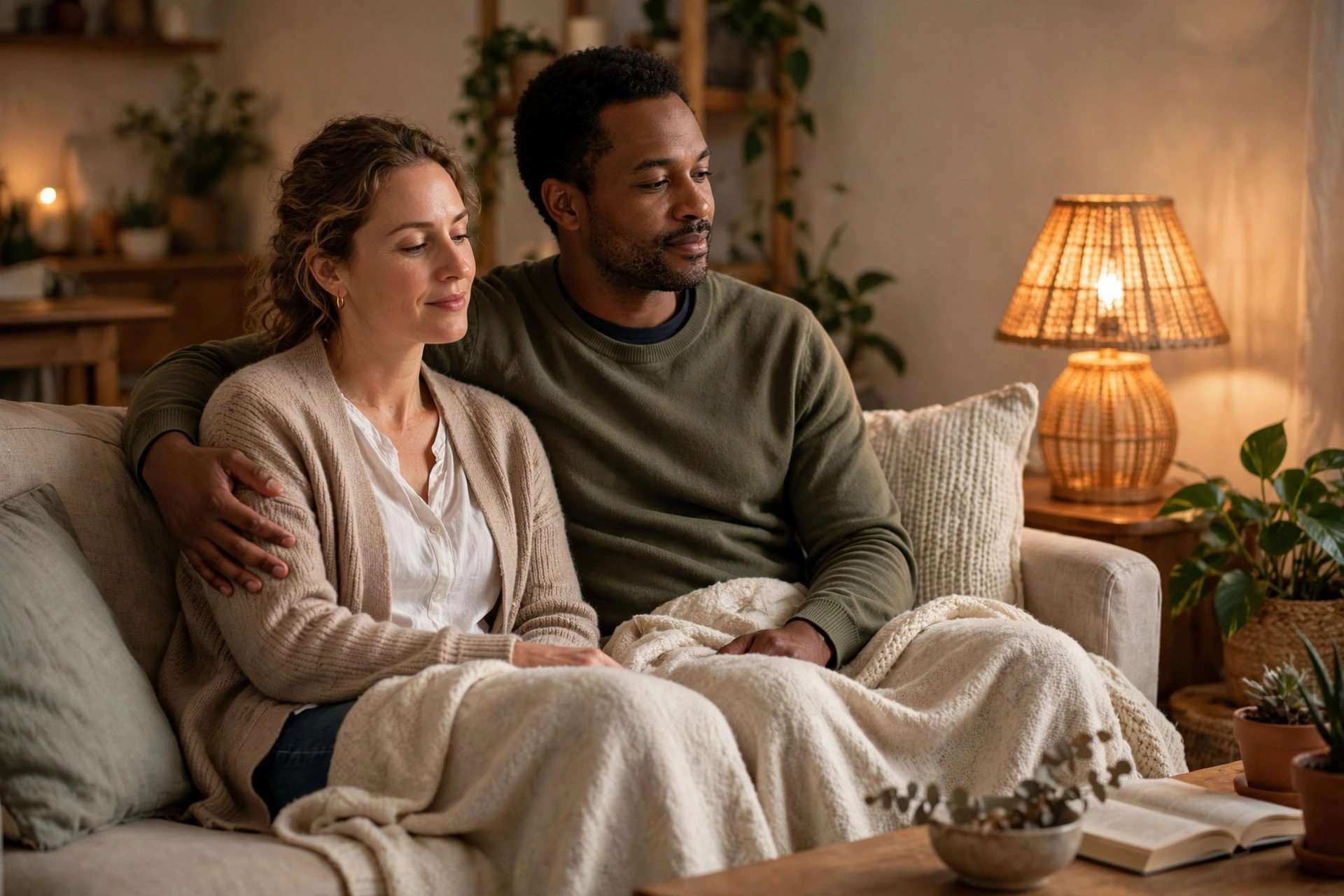 A fully clothed woman and the practitioner sitting side by side on a couch, his arm around her shoulders, a soft blanket over their laps in warm lamplight