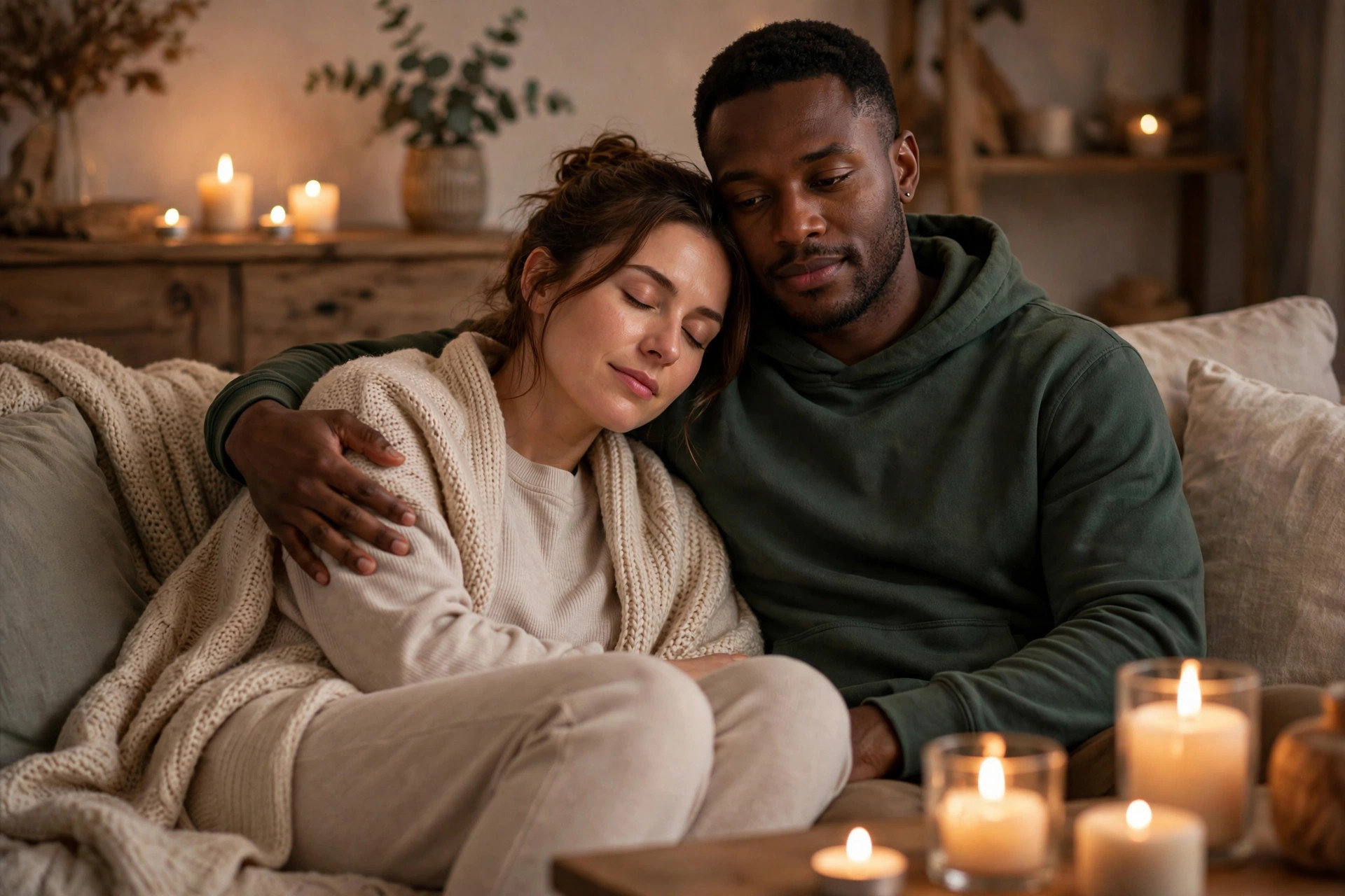 A fully clothed woman resting peacefully with eyes closed, leaning against the practitioner's shoulder as his arm rests gently around her in a candle-lit room