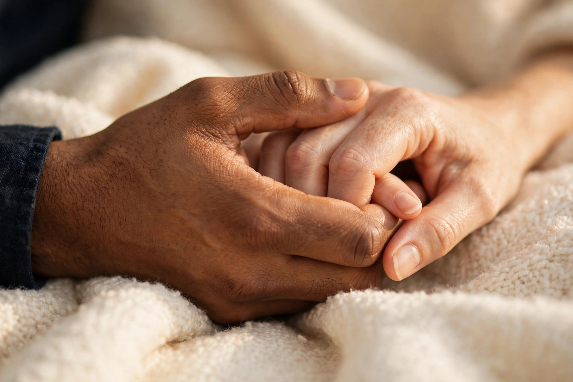 Close-up of the practitioner's hand gently holding a woman's hand on a soft cream blanket in warm light