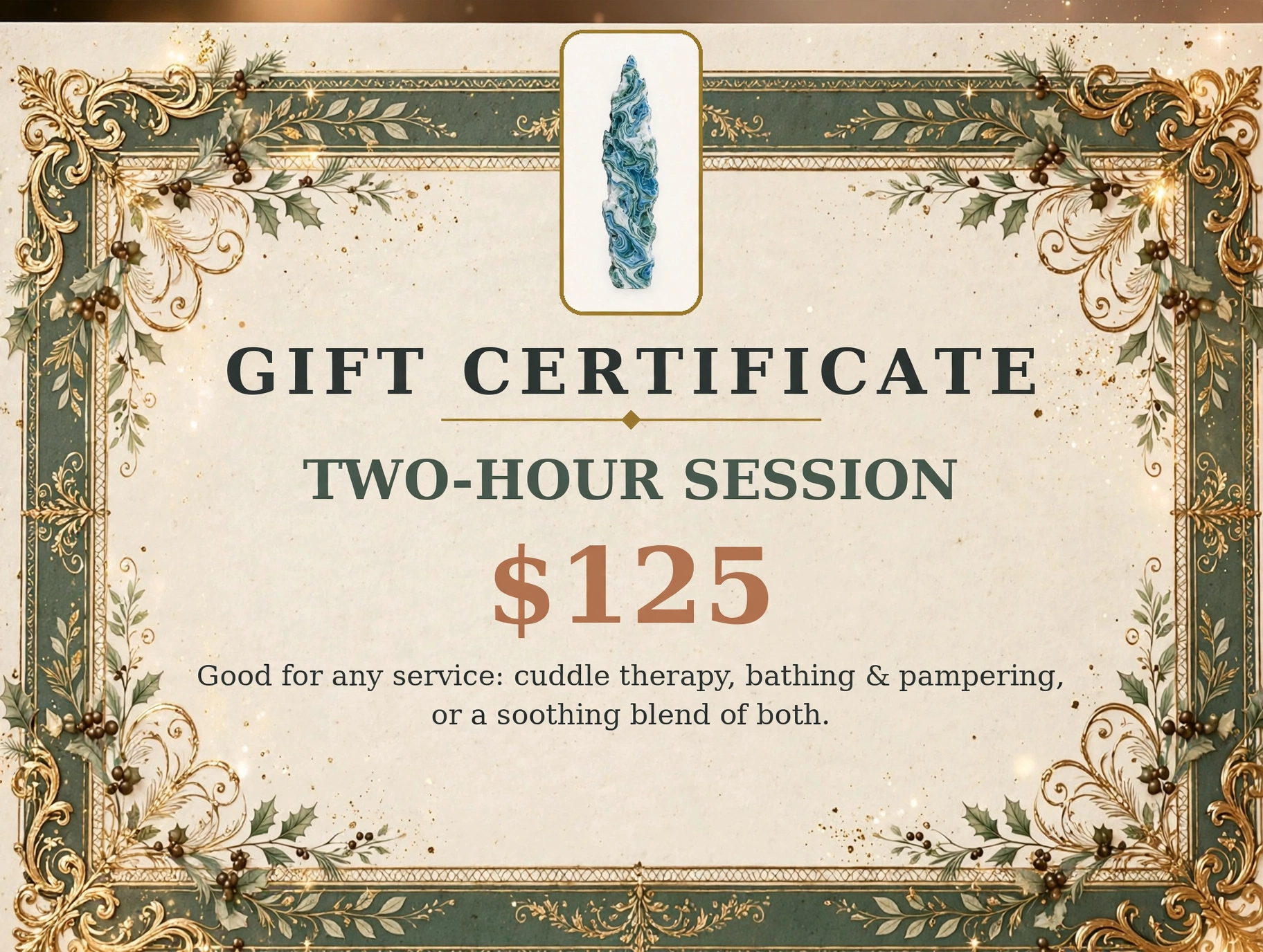 A gift certificate for a 2-hour session, styled like a retail gift card with large welcoming print and the business logo