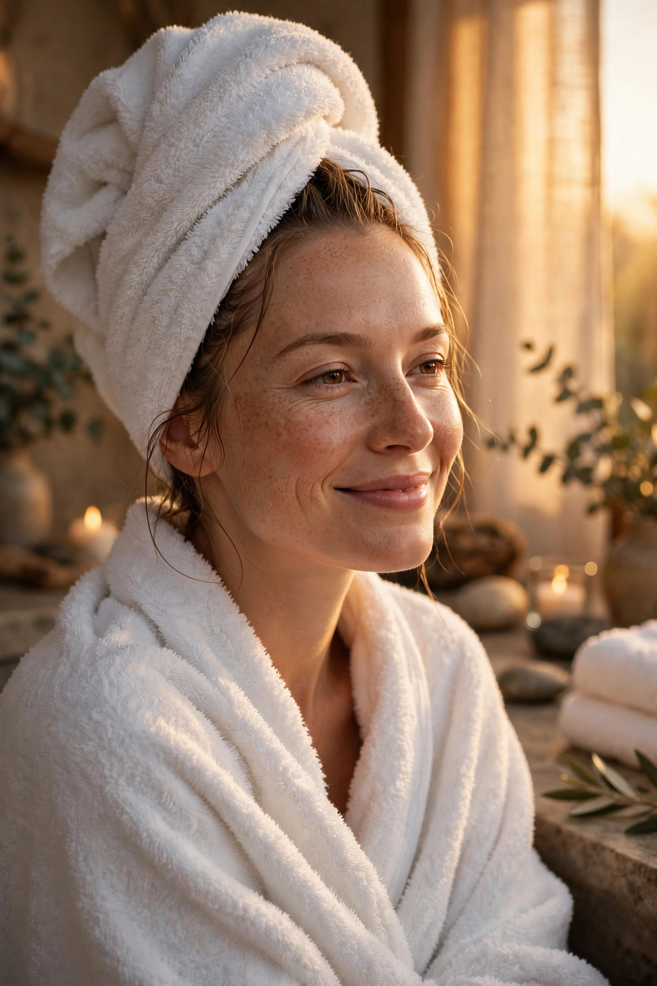 A smiling woman wrapped in a plush white robe with a towel around her hair, glowing with post-session relaxation among candles