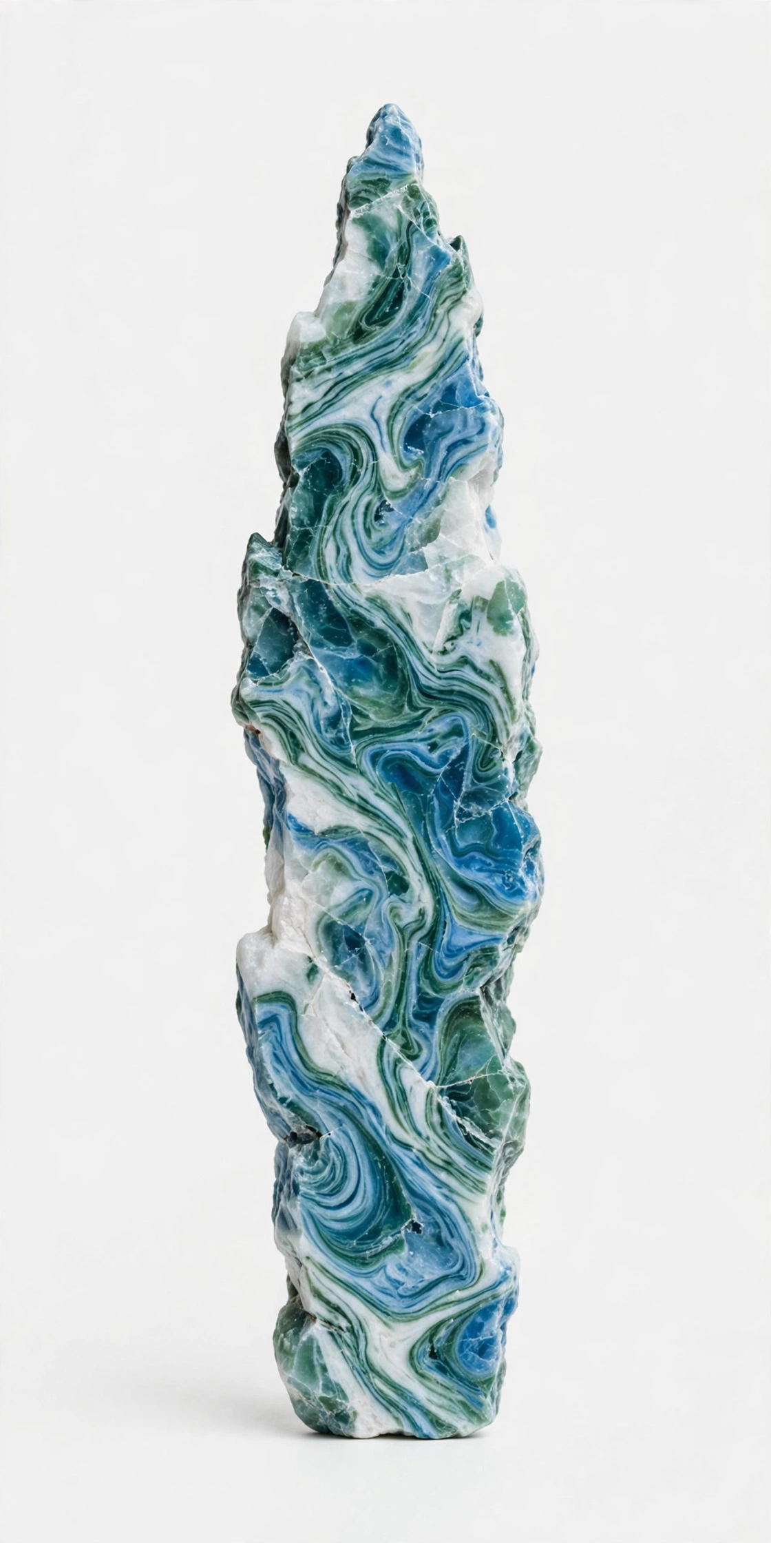 Logo: a slender white crystal mountain marbled with blue and green
