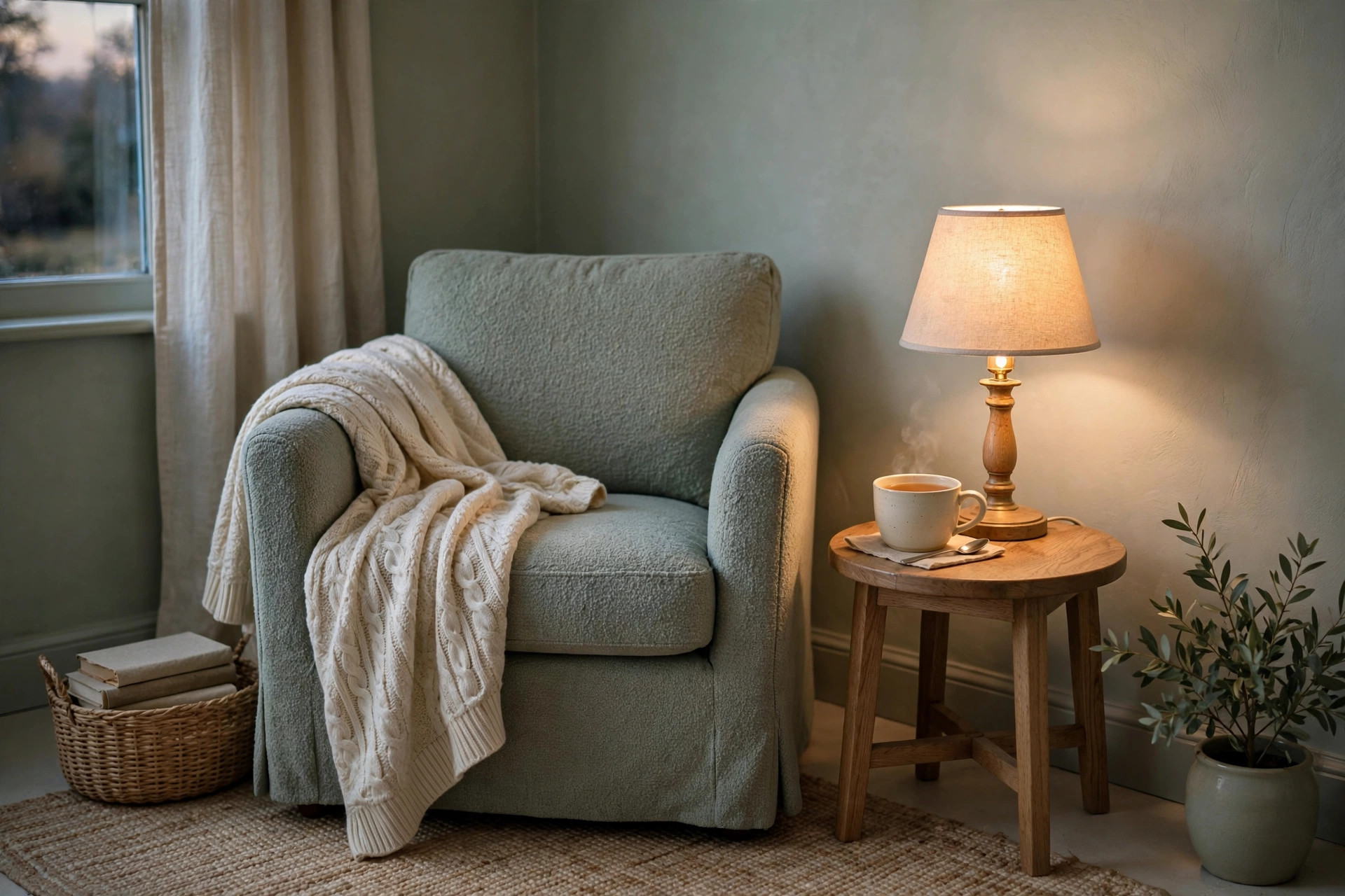 A quiet corner arranged for rest, soft textures and warm low light inviting stillness
