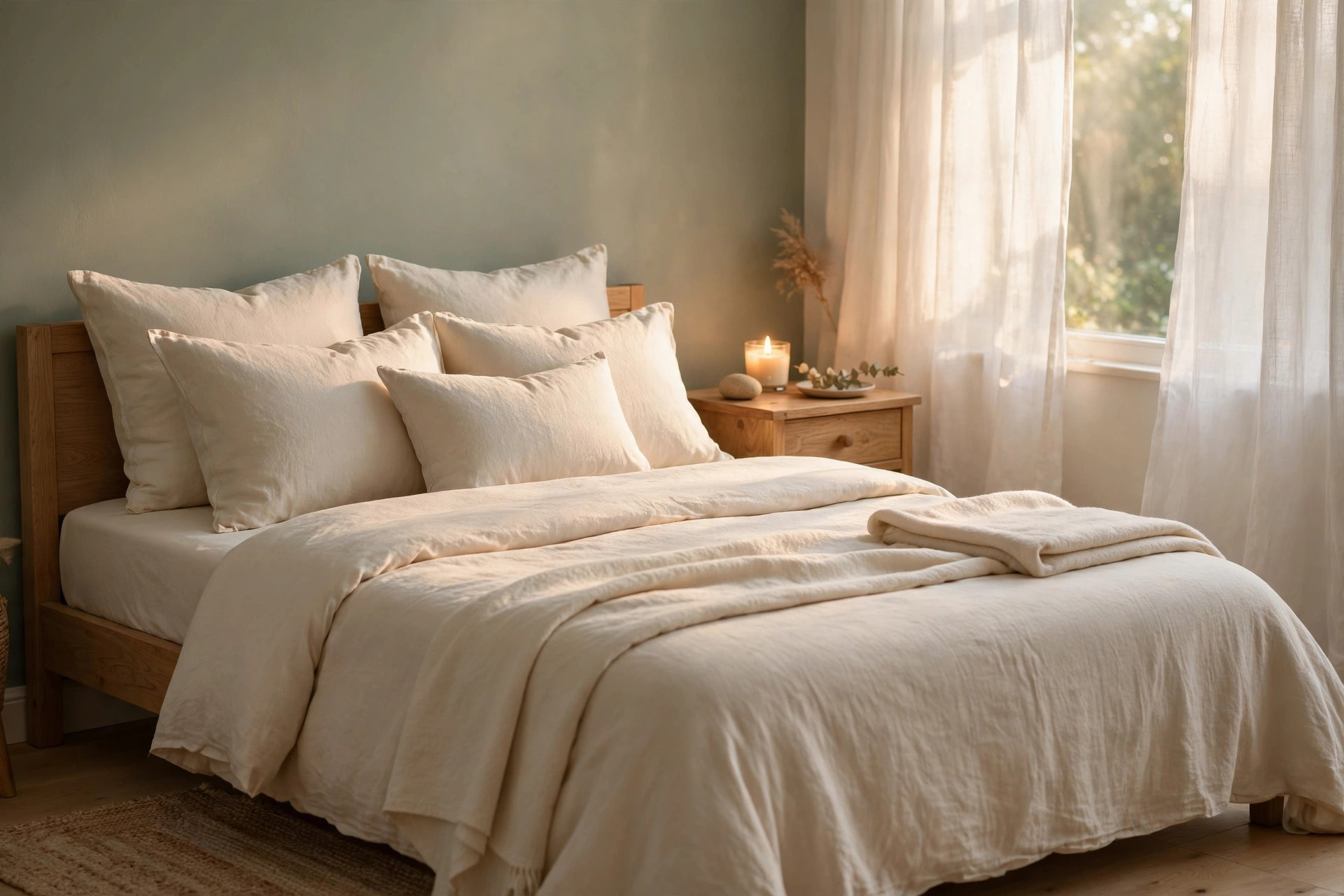 A serene bedroom bathed in morning light, with a wooden bed dressed in smooth cream linen, a lit candle on the nightstand, and sheer curtains at the window