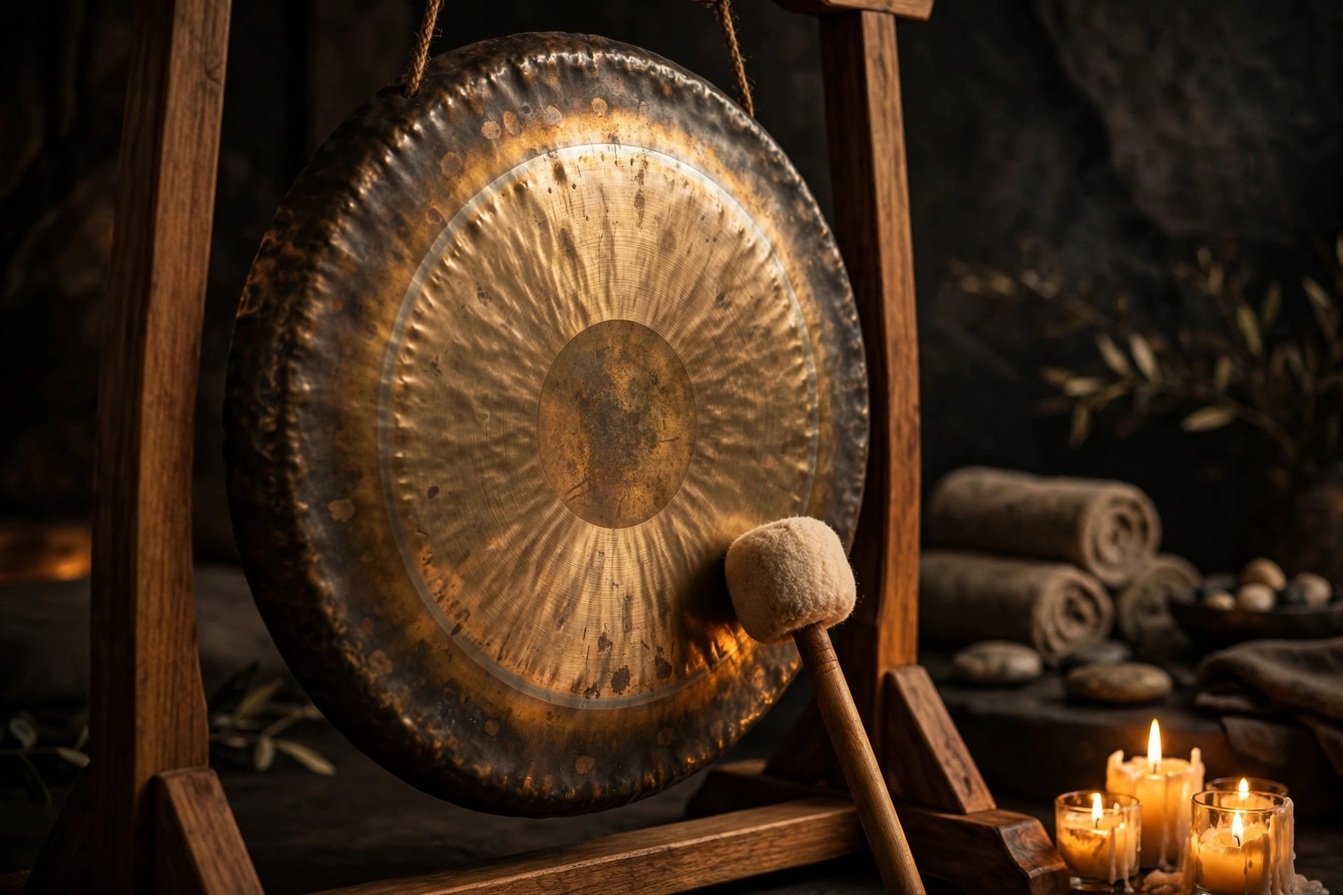 A large bronze gong on a wooden stand with a soft mallet, candles glowing nearby in a dark, calm room
