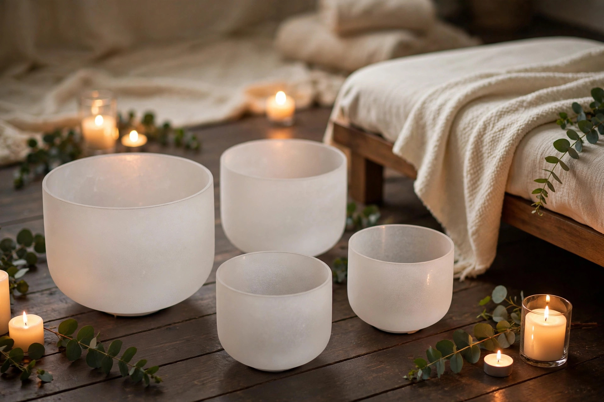Frosted crystal singing bowls arranged beside a draped rest table, ringed by lit candles, eucalyptus sprigs, and soft blankets