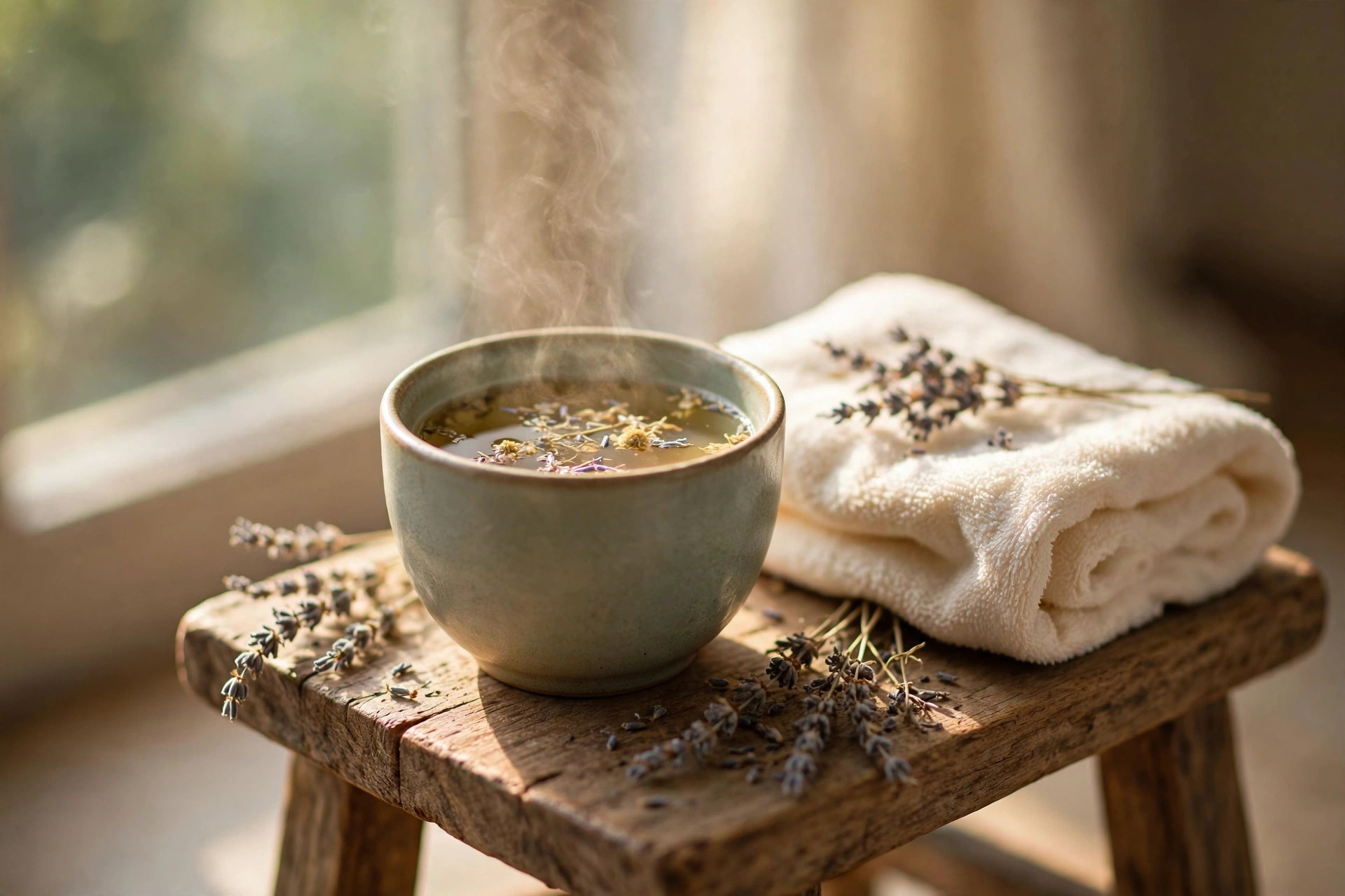 A neatly folded white towel with dried lavender on a rustic wooden stool by a sunlit window
