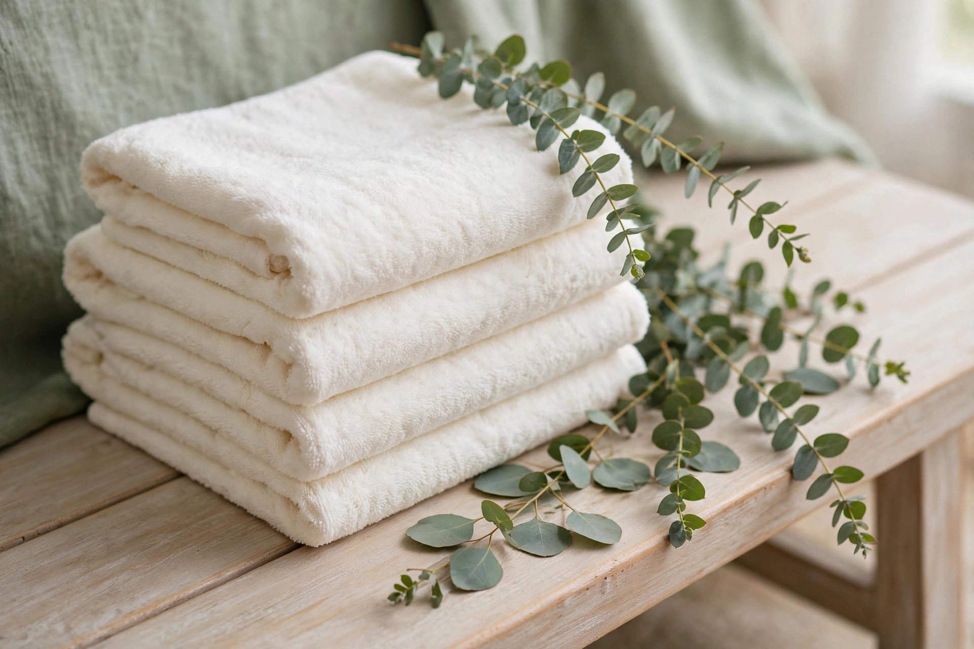 A stack of soft folded white towels on a wooden bench, with fresh eucalyptus sprigs laid beside them in gentle daylight