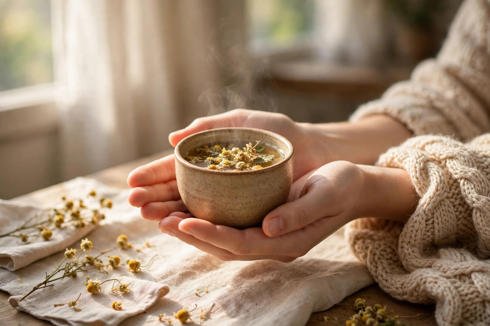 A warm cup of tea resting in soft light, a small comfort for after your session
